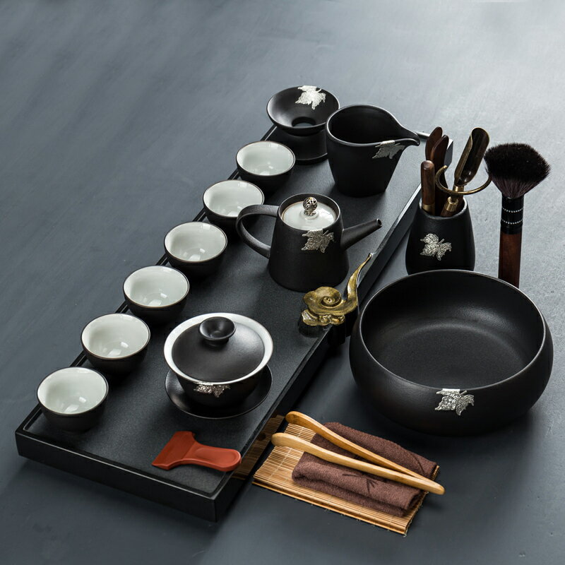 烏金石茶盤整塊家用天然石材黑金石茶臺陶瓷功夫茶具套裝黑陶茶壺