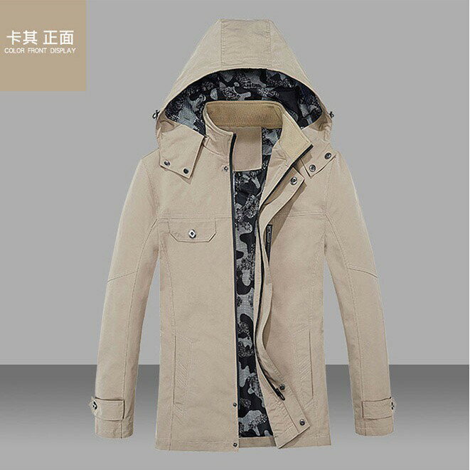 【3色】防風拉鍊質感印花內裡口袋可拆連帽立領風衣外套【最後臺灣 出清】