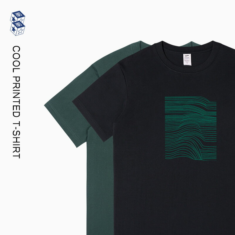 【喜挖】春夏季簡約線條印花短袖t恤男230g純棉百搭圓領內搭上衣女情侶裝
