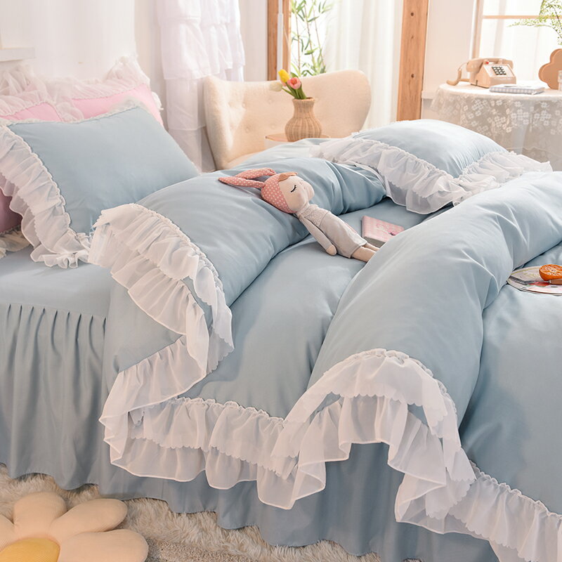 韓式床上四件套被套小清新ins藍色公主風床單三件套被單仙女被罩4