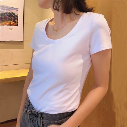 白色t恤女短袖年新款修身純棉上衣春夏季顯瘦V領圓緊身打底衫 4