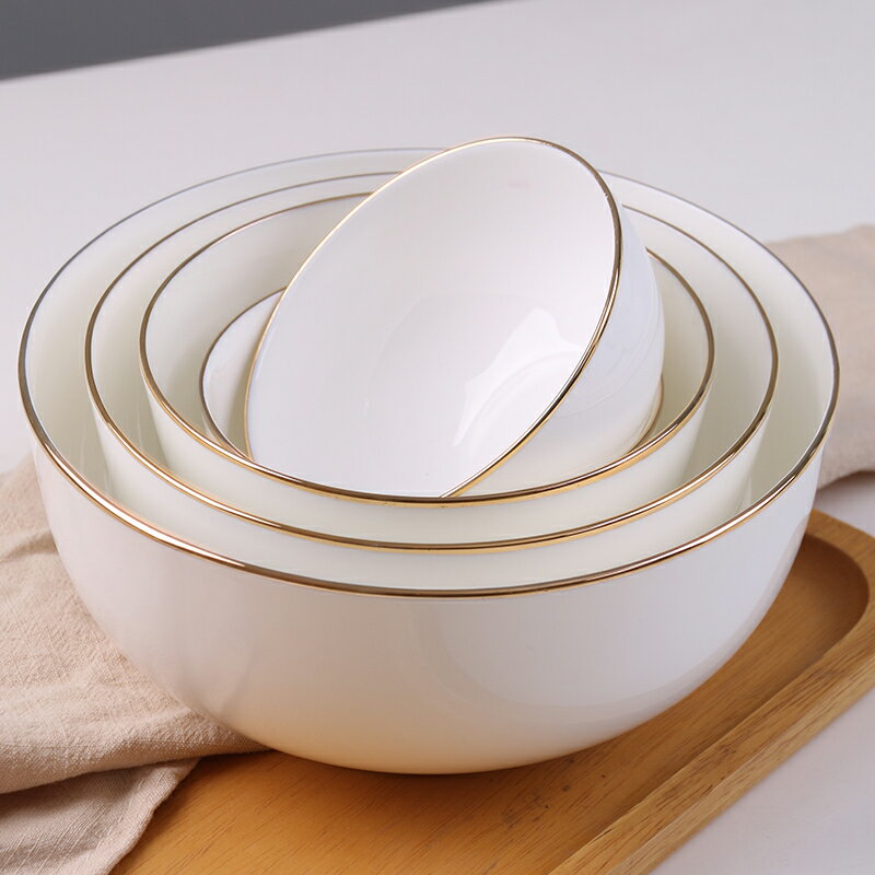 景德鎮中式家用吃飯碗米飯碗面碗純白創意陶瓷碗金邊湯碗泡面碗