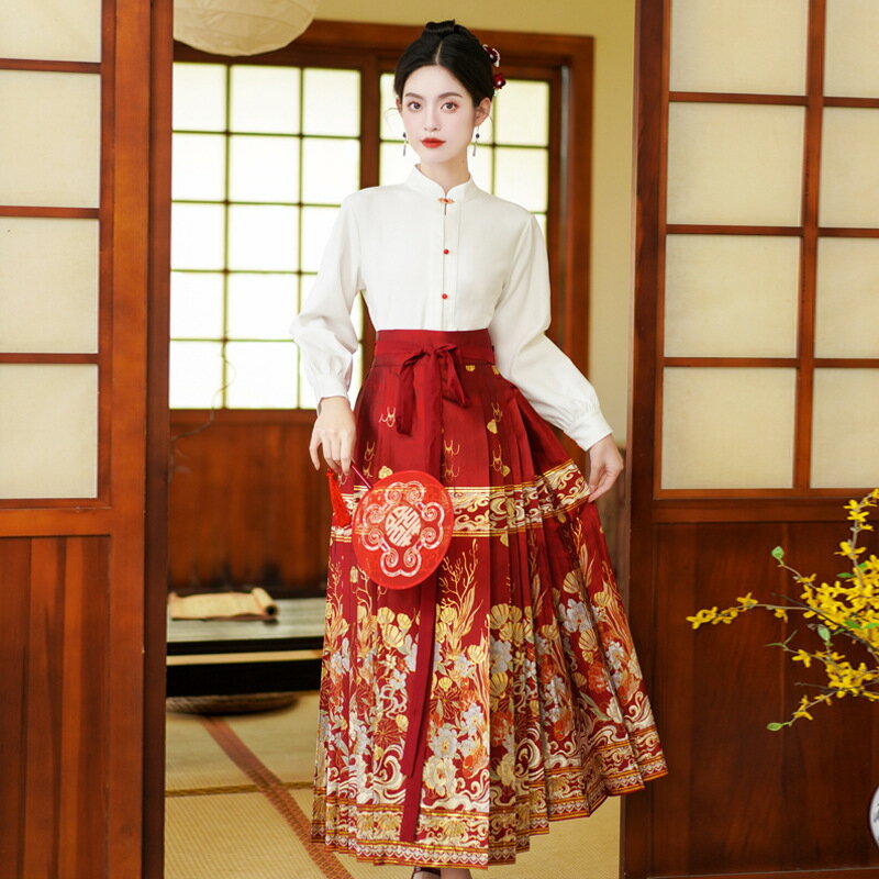 【巴黎精品】現貨+預購 中式套裝兩件式裙裝-中國風盤扣立領純色馬面裙漢服女裝v1be38