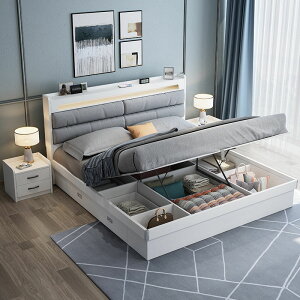 北歐床現代簡約高箱儲物床主臥婚床多功能1.5米收納床1.8米雙人床