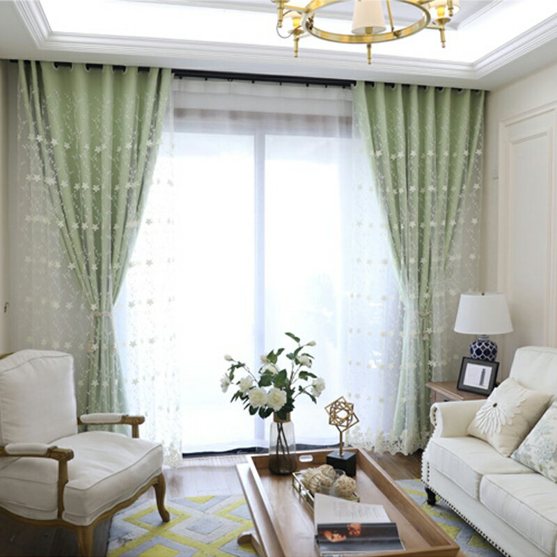 韓式小清新純色公主風繡花雙層遮光窗簾成品客廳臥室飄窗陽臺窗紗