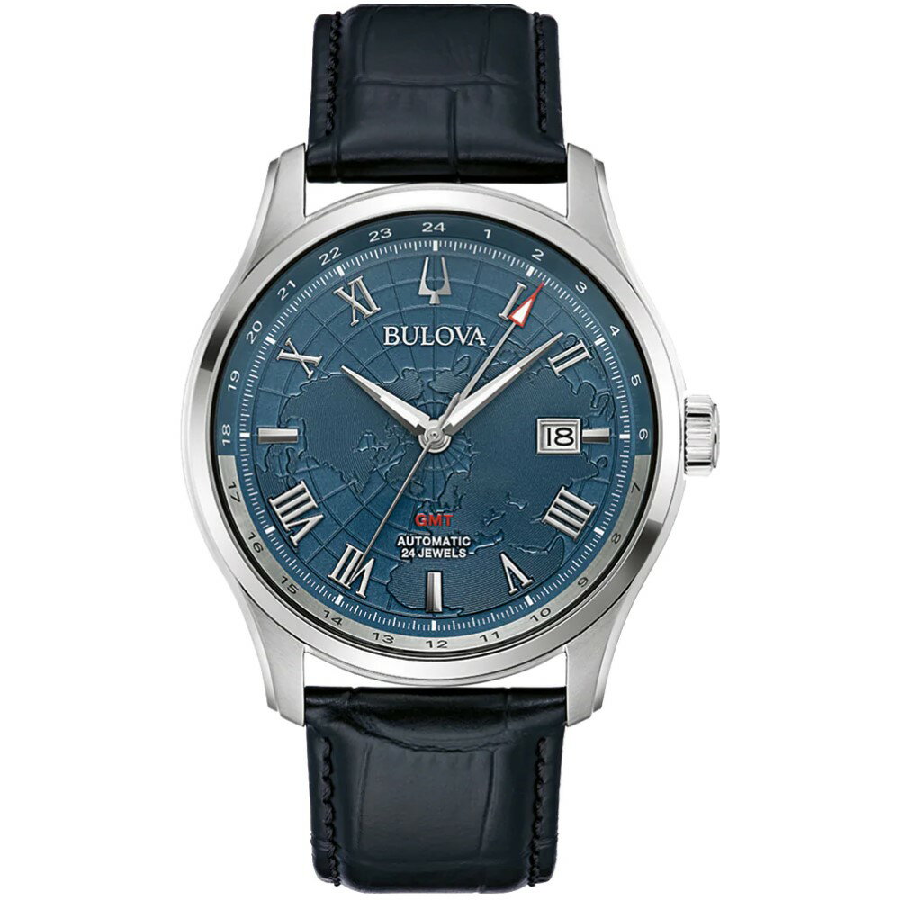 【Time Piece】BULOVA 經典地圖GMT機械皮革男錶-藍(96B385) [APP下單享4%點數]