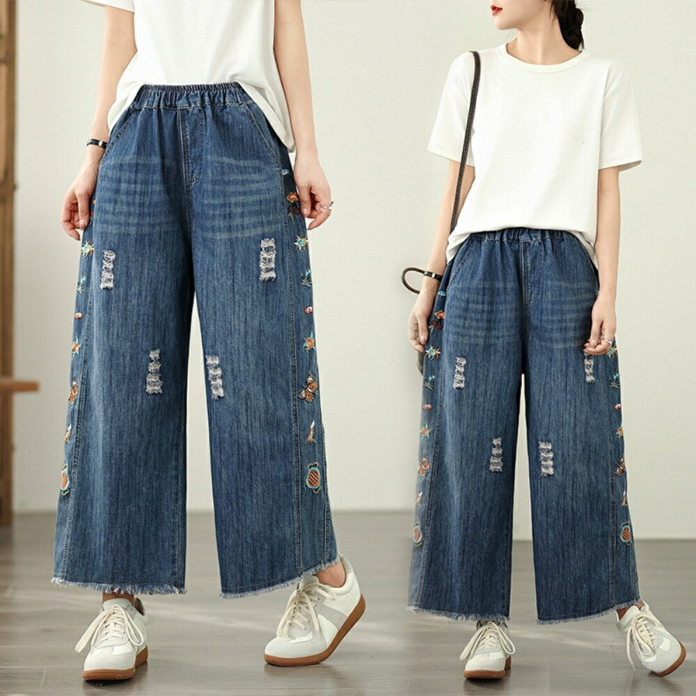 【巴黎精品】現貨+預購 女牛仔褲子牛仔寬褲長褲直筒褲休閒褲大尺碼-鬆緊刺繡文藝大方a1jp15