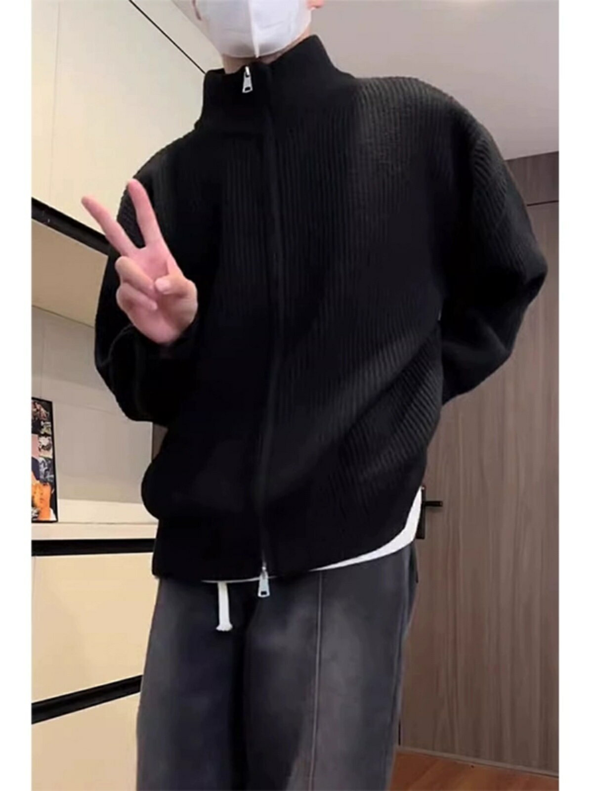 黑色雙拉鏈開衫毛衣男款秋冬加絨加厚半高領外套高階感美式針織衫【步行者戶外生活館】