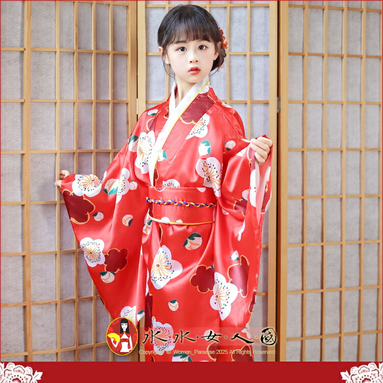 日式女童和服 復古印花小女孩睡袍蝴蝶結腰帶浴衣套裝｜紅色櫻花｜水水女人國