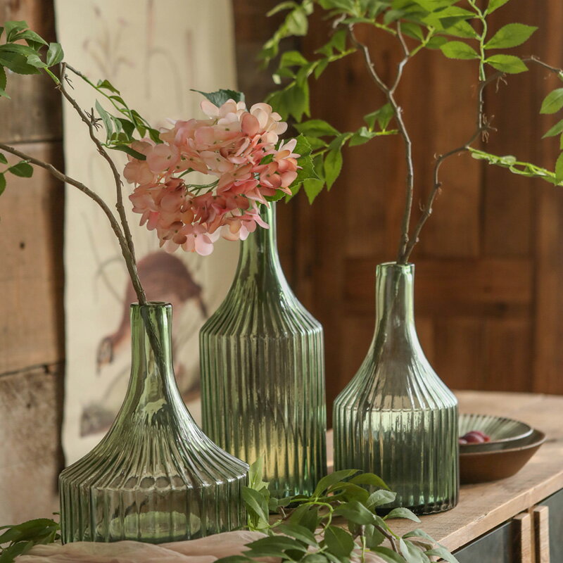 左岸麥田 克里斯綠色玻璃花瓶擺件日本吊鐘馬醉木插花水培花器