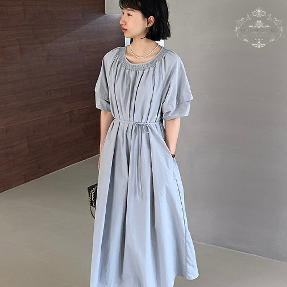 Charlotte 法式冰霜棉仙女泡泡裙 夏日舒適份圍感 泡泡袖寬鬆連身裙 圓領配腰帶長裙 法式連身裙【CHSK149】