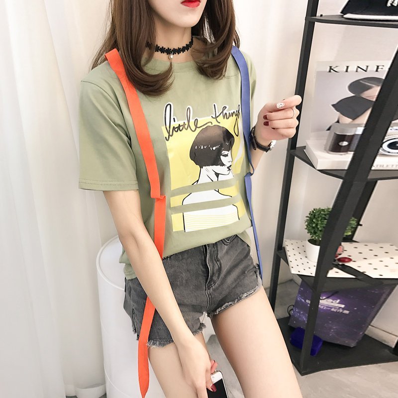 FINDSENSE G5 韓國時尚 夏季 印花 撞色 織帶 女裝 圓領 寬鬆 上衣 學生服 T恤
