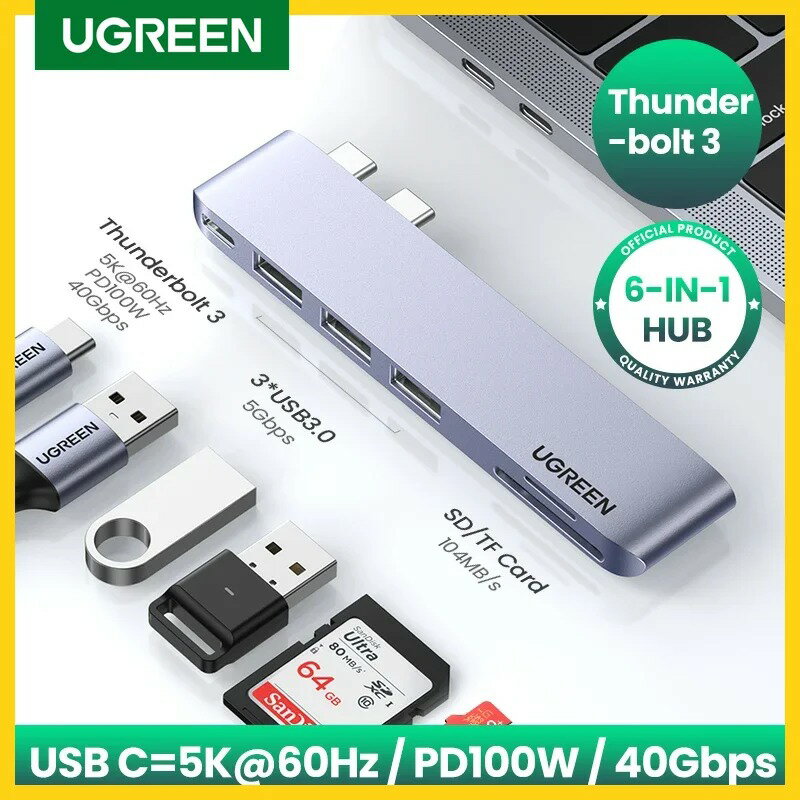 【日本代購】UGREEN USB C HUB 雙 Type-C 3.1 至 5K60Hz Thunderbolt 3 轉接器 SD TF 適用於 MacBook Pro Air M2 M1 擴充座 USB C 型 3.0 集線器