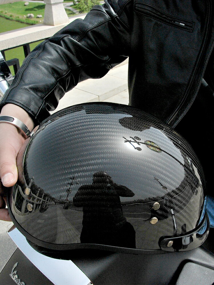 國標3c認證碳纖維頭盔復古車半盔男摩托車安全盔瓢盔電動機車頭盔