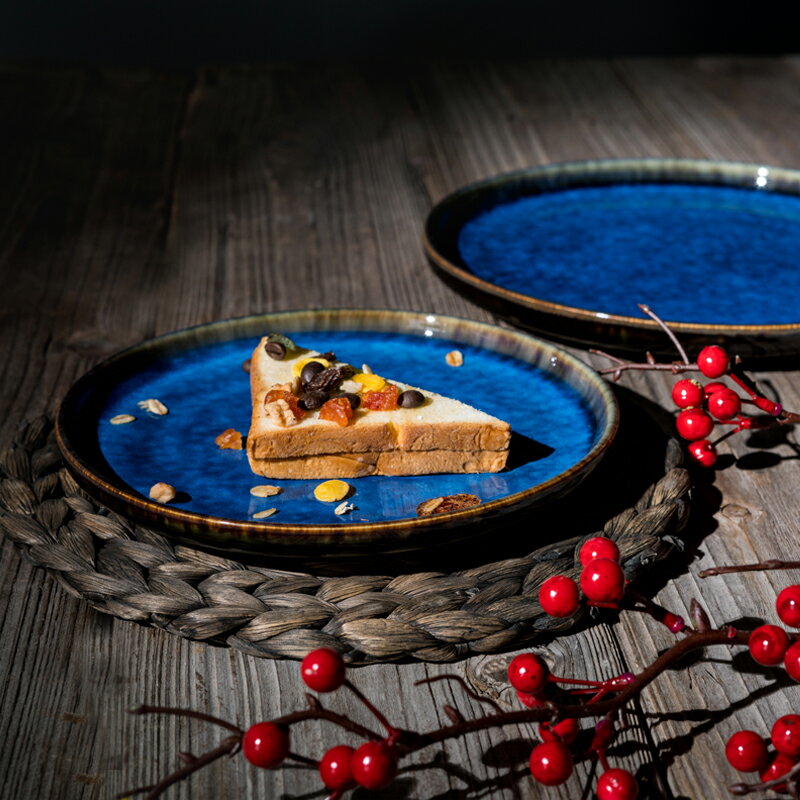 創意窯變藍陶瓷圓形淺盤意面盤披薩盤蛋糕甜點盤水果沙盤擺臺菜盤1入