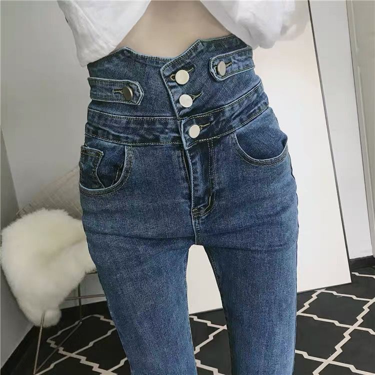 深藍色高腰牛仔褲女春秋新款顯瘦顯高彈力緊身九分小腳鉛筆褲