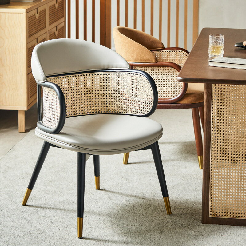 現代輕奢餐廳椅子簡約實木藤編餐椅咖啡廳奶茶店化妝椅網紅ins風
