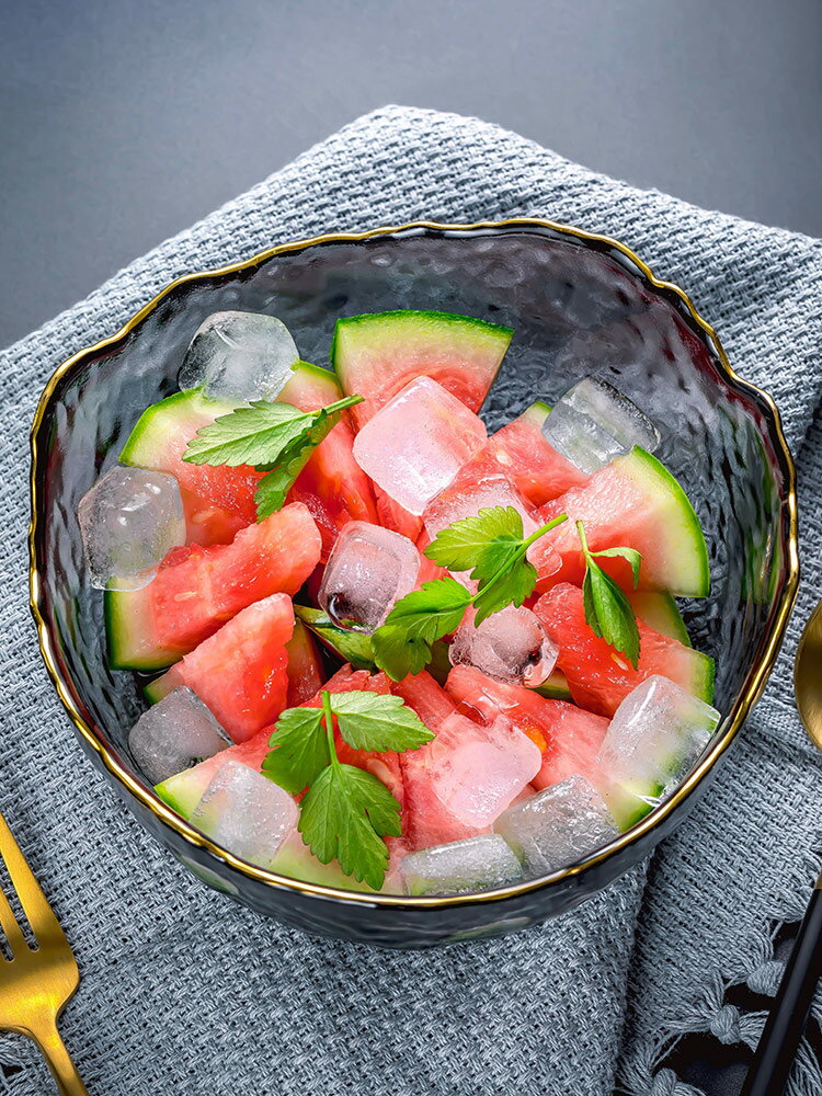 日式金邊錘紋沙拉碗家用創意水果蔬菜碗大號北歐透明玻璃碗甜品碗