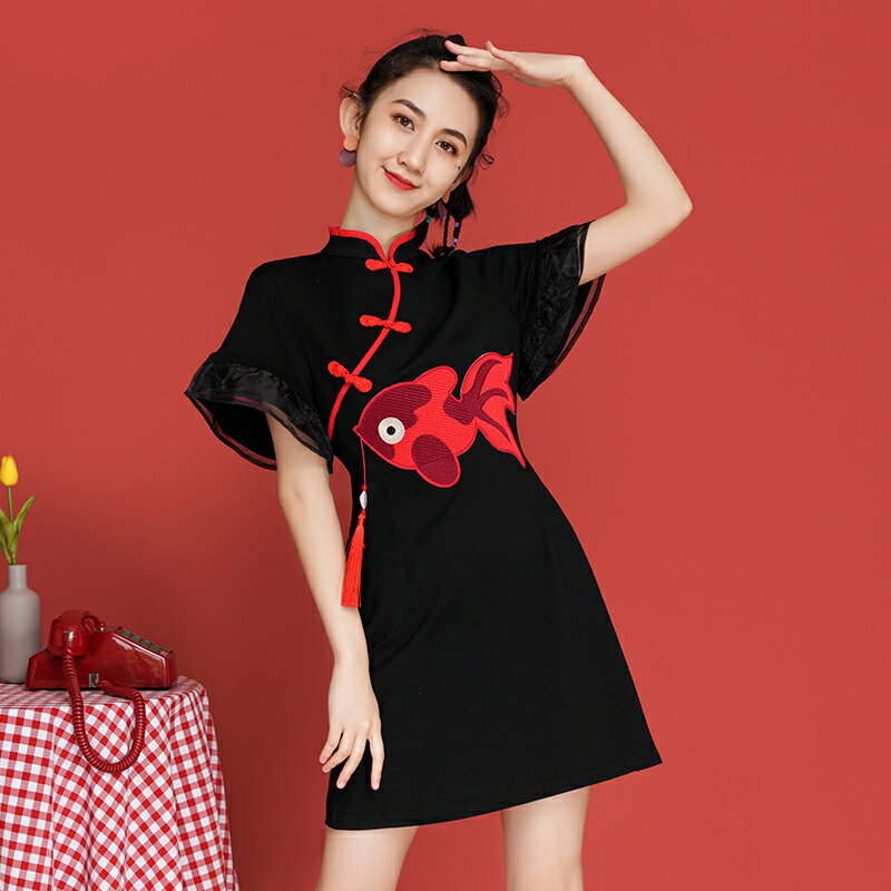 改良版連衣裙夏季新款中國風少女感休閑黑色顯瘦裙子女裝