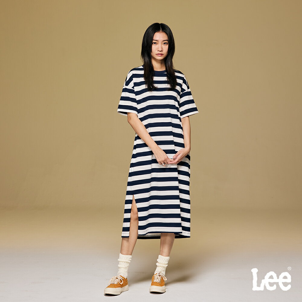 Lee 女款 長版 雙口袋 腰身扣 橫條紋 短袖休閒洋裝 | Modern