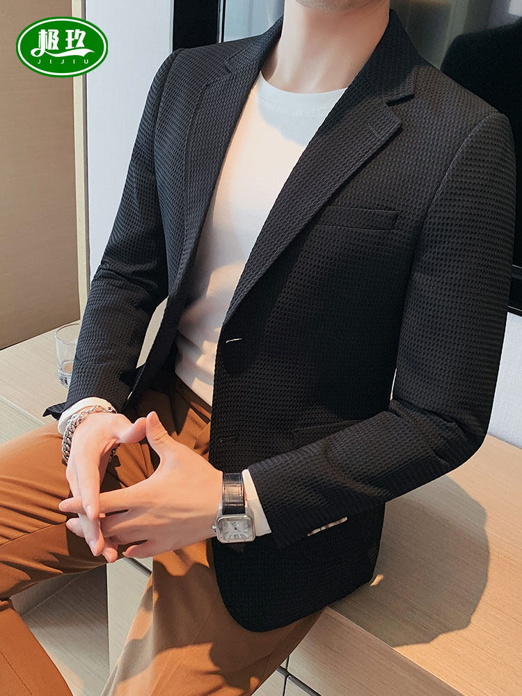 休閒西服男套裝修身時尚華夫格西裝外套男高級感便服單西上衣