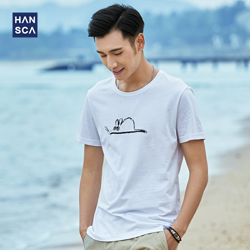 漢斯卡2021夏季新款白色純棉老鼠圖案印花t恤男短袖韓版潮流ins