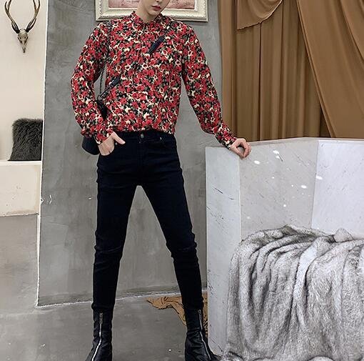 FINDSENSE 品牌 2019 春季 新款 寬鬆 潮流 個性 社會 男青年長袖 印花 免燙 襯衫 復古 氣質