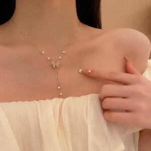 法式蝴蝶結珍珠項鏈女夏時尚氣質網紅高級感鎖骨鏈年新款頸鏈