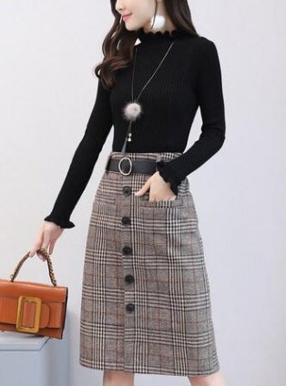 FINDSENSE品牌 秋冬季 新款 韓國 優雅 氣質黑色針織衫+復古包臀半身裙 顯瘦 兩件套 時尚 潮流套裝裙