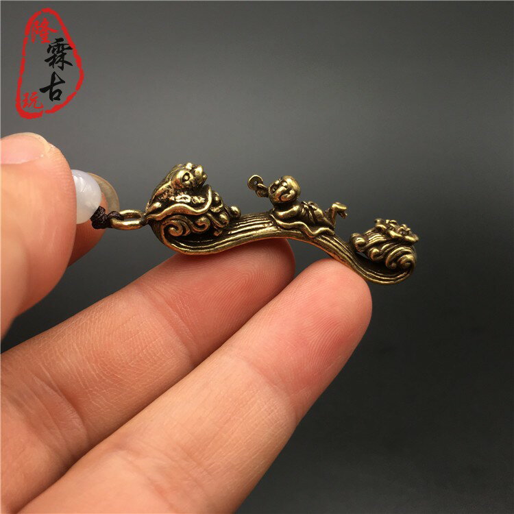 銅雕金蟾如意掛件實心黃銅招財童子福壽如意鑰匙扣仿古銅器古玩銅