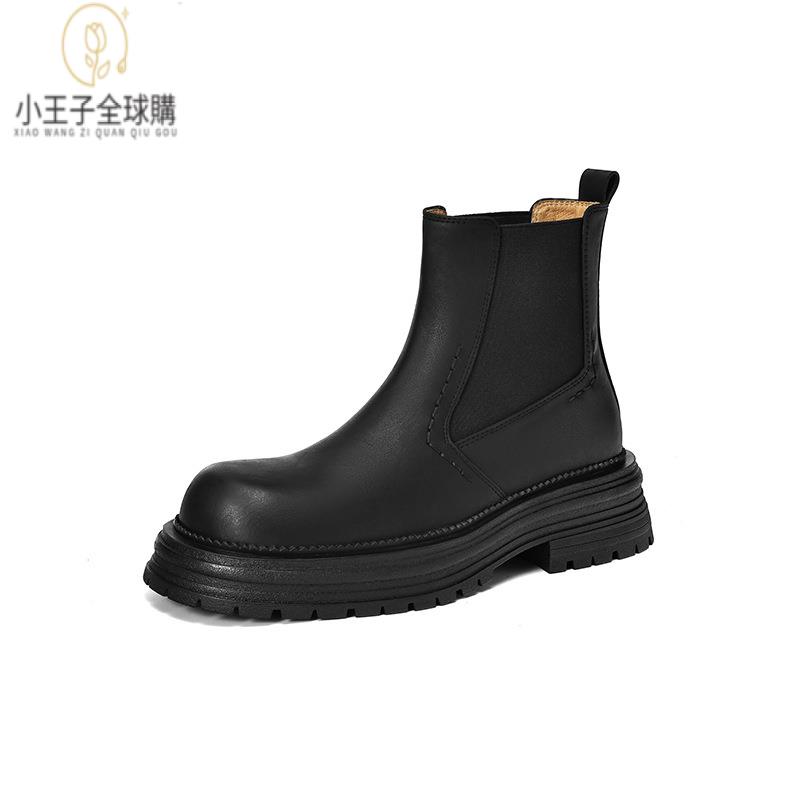 【公司現貨速發】免運 開發票 小短靴 堆堆靴 真皮女鞋 羊皮鞋 小皮鞋 樂福鞋法式復古切爾西女短靴秋冬時尚舒適圓頭厚底一腳蹬套筒靴 定製