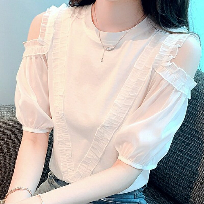 【巴黎精品】現貨+預購 女雪紡上衣短袖襯衫法式名媛氣質OL西裝蕾絲休閒女裝-五分袖泡泡袖拼接a1kc46