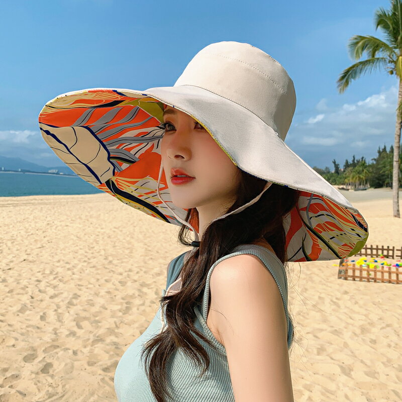 大檐沙灘帽子防紫外線遮陽帽女夏天漁夫帽海邊防曬太陽帽戶外百搭