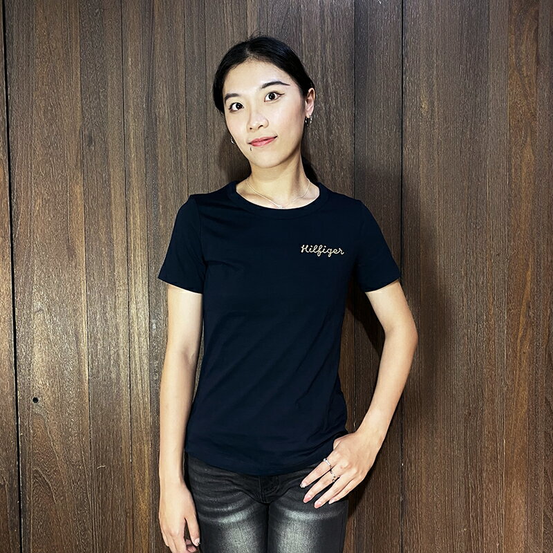 美國百分百【全新真品】Tommy Hilfiger 短袖 棉質 T恤 女款 TH 上衣 logo 短T 深藍 CV14