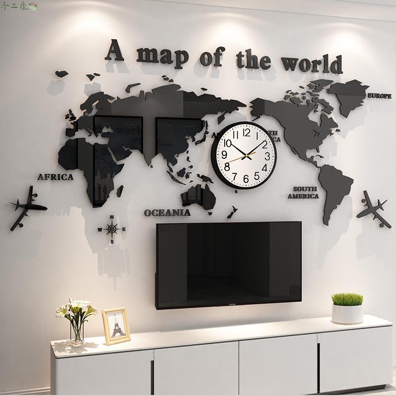 歐式創意壁貼時鐘 世界地圖牆貼 超大號 無痕貼 亞克力壁紙 3d立體DIY壁鐘 電視背景牆面裝飾品 餐廳客廳臥室床頭壁飾