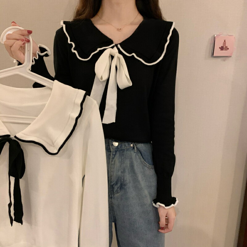 早春秋冬季裝上衣打底針織衫學院風設計感小眾蝴蝶結長袖毛衣女士