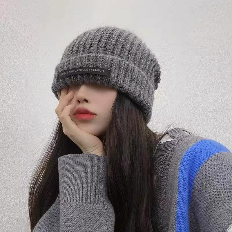 毛帽 毛線帽 針織帽 包頭帽 大頭圍顯臉小秋冬寬松毛線帽冷帽潮ins月子保暖護耳灰色針織帽女