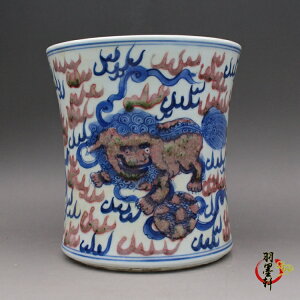 清 康熙青花釉里紅手繪獅子紋筆筒 古玩古董陶瓷器仿古老貨收藏