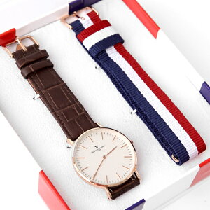 范倫鐵諾Valentino 超薄簡約線條玫瑰金皮革手錶 雙錶帶組合帆布 柒彩年代【NE1849】單支售價