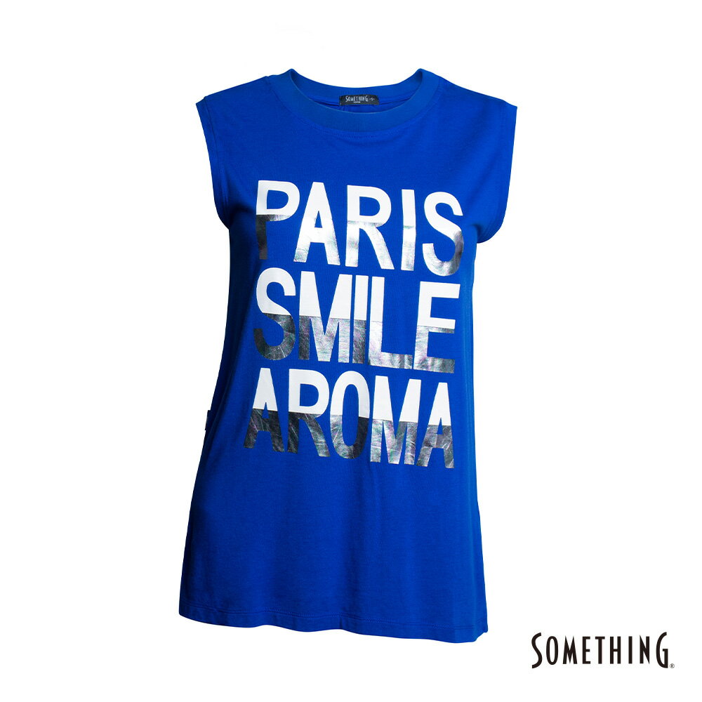 SOMETHING 女款 耀眼標語寬鬆背心T恤 (藍色)