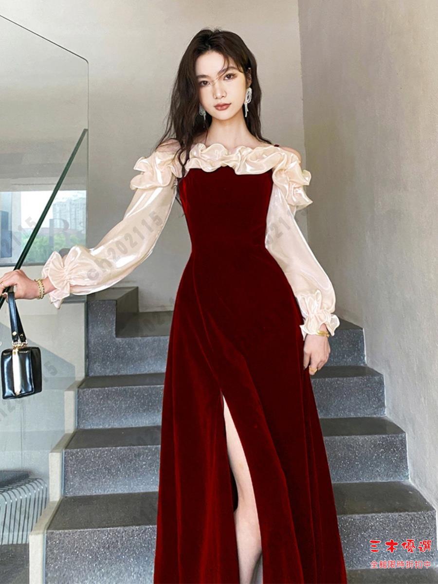 尾牙禮服 洋裝 敬酒服新娘2024新款結婚秋季紅色宴會晚禮服裙高階輕奢高階感訂婚交換禮物 三木優選