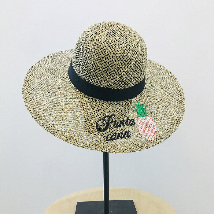 歐美風手工海草刺繡菠蘿海邊沙灘大沿防曬度假草帽子女夏天遮陽帽1入