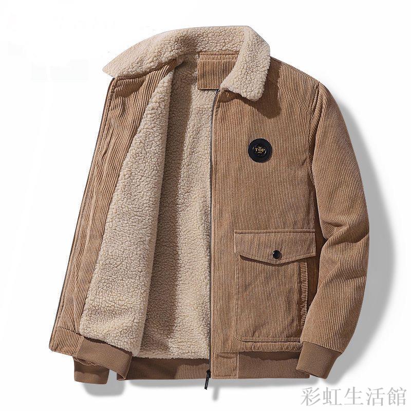 男士外套春秋季工裝衣服休閑保暖加絨翻領夾克大碼寬松薄款燈芯絨