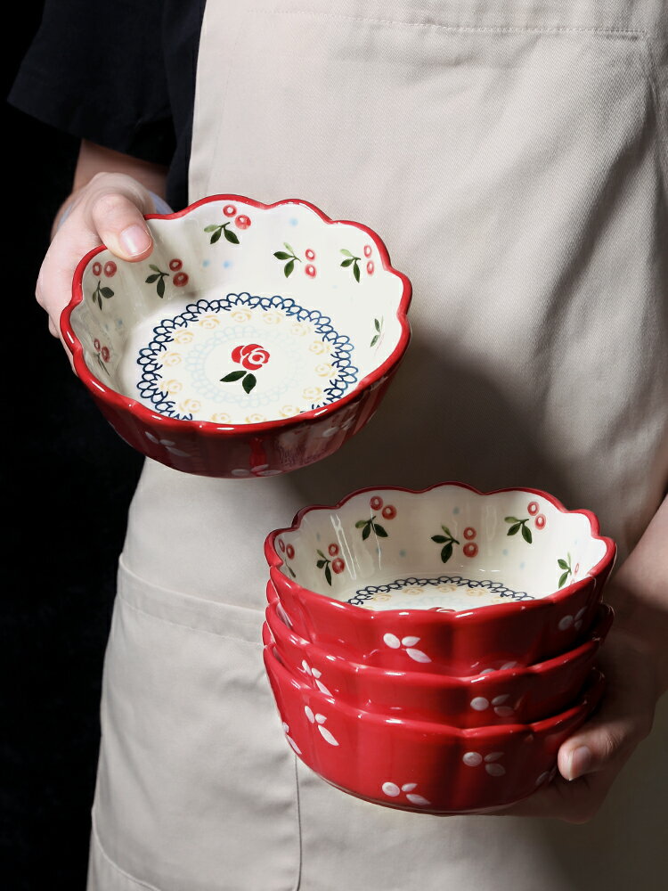 樂天優選~好看的盤子網紅餐具沙拉碗碟子單個北歐家用日式陶瓷櫻花櫻桃套裝-青木鋪子