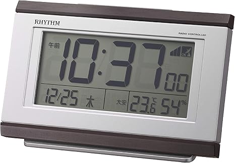 RHYTHM 【日本代購】鬧鐘電波時鐘電子音鬧鐘溫度濕度日曆六曜帶燈棕色8.9x13.5x4.4cm 8RZ161SR06