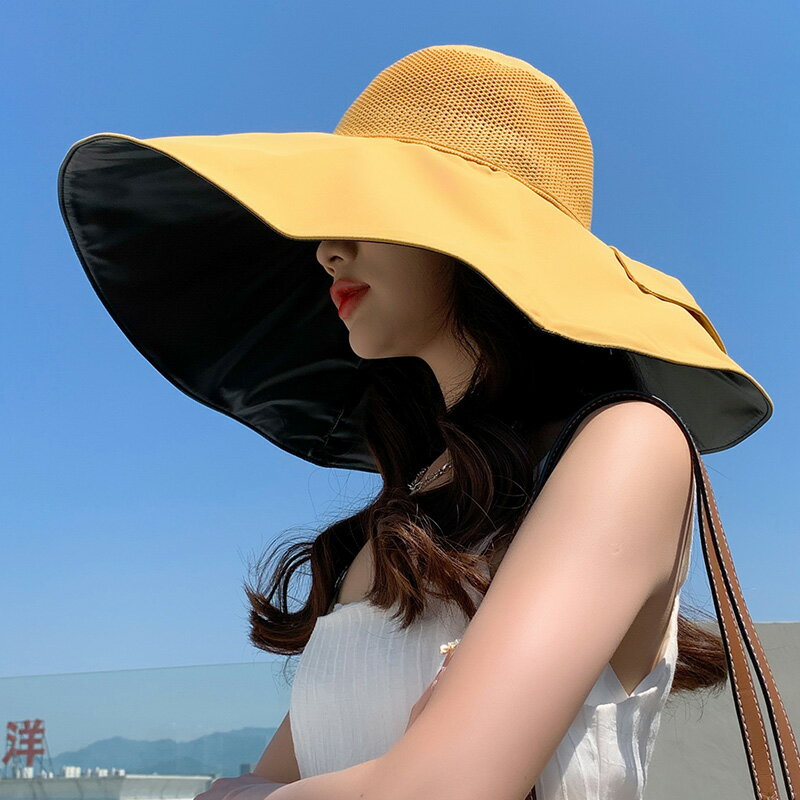 帽子女夏季防曬遮陽帽防紫外線黑膠超大帽檐漁夫帽遮臉太陽帽18cm