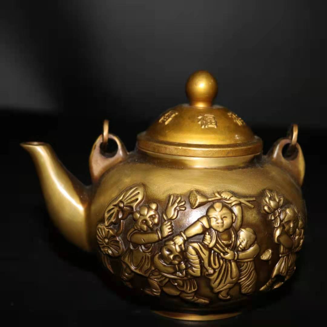 純銅龍鳳茶壺水壺擺件銅五子登科酒壺福祿壽茶壺客廳辦公室裝飾品