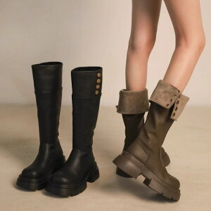 長筒靴女2023新款秋冬季小個子高筒騎士靴棕色粗跟時尚百搭瘦瘦靴
