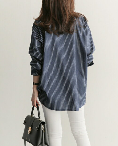 中大尺碼女裝~中長寬鬆藍條紋襯衫 女襯衫 長袖條紋襯衫 2024新款 6