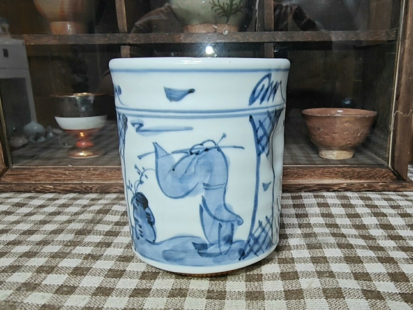 日本製 中古 京焼清水焼 平安千峰 青花主人杯 手繪壽老人 三開窗 手捏青瓷 山水人物 茶杯 收藏級